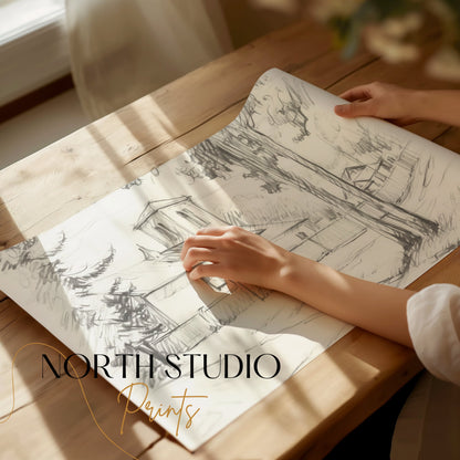 Premium Poster of Sketch of a Quiet Rural Church and Trees Posters