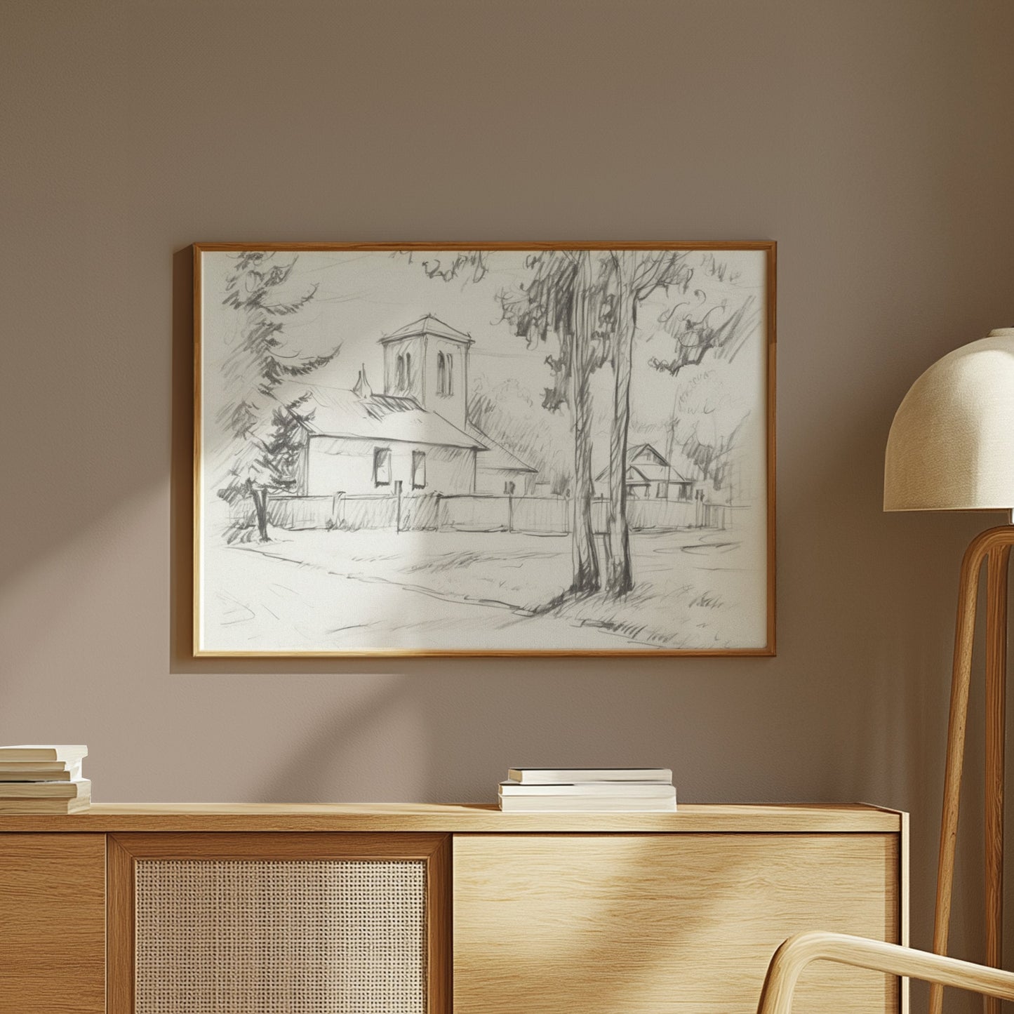 Premium Poster of Sketch of a Quiet Rural Church and Trees Posters