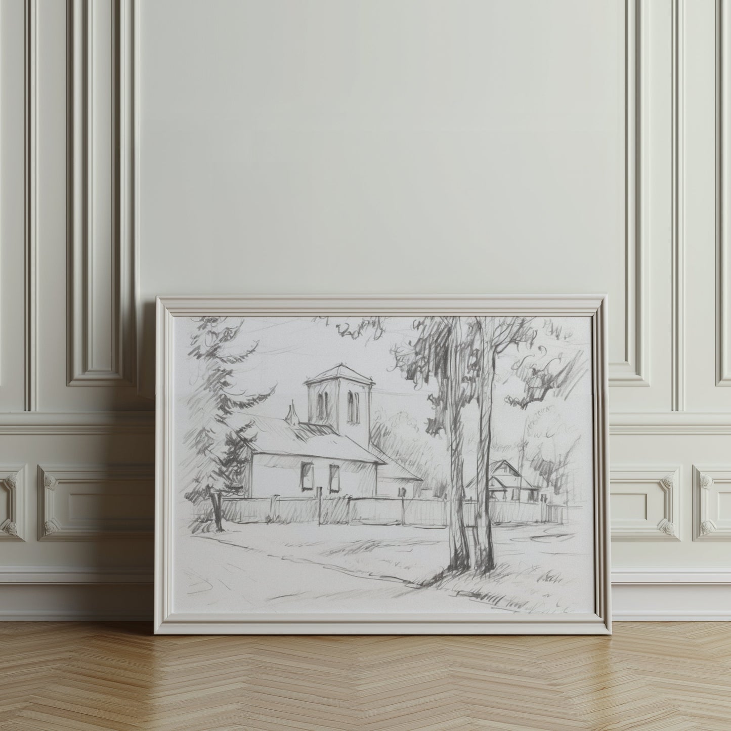 Premium Poster of Sketch of a Quiet Rural Church and Trees Posters