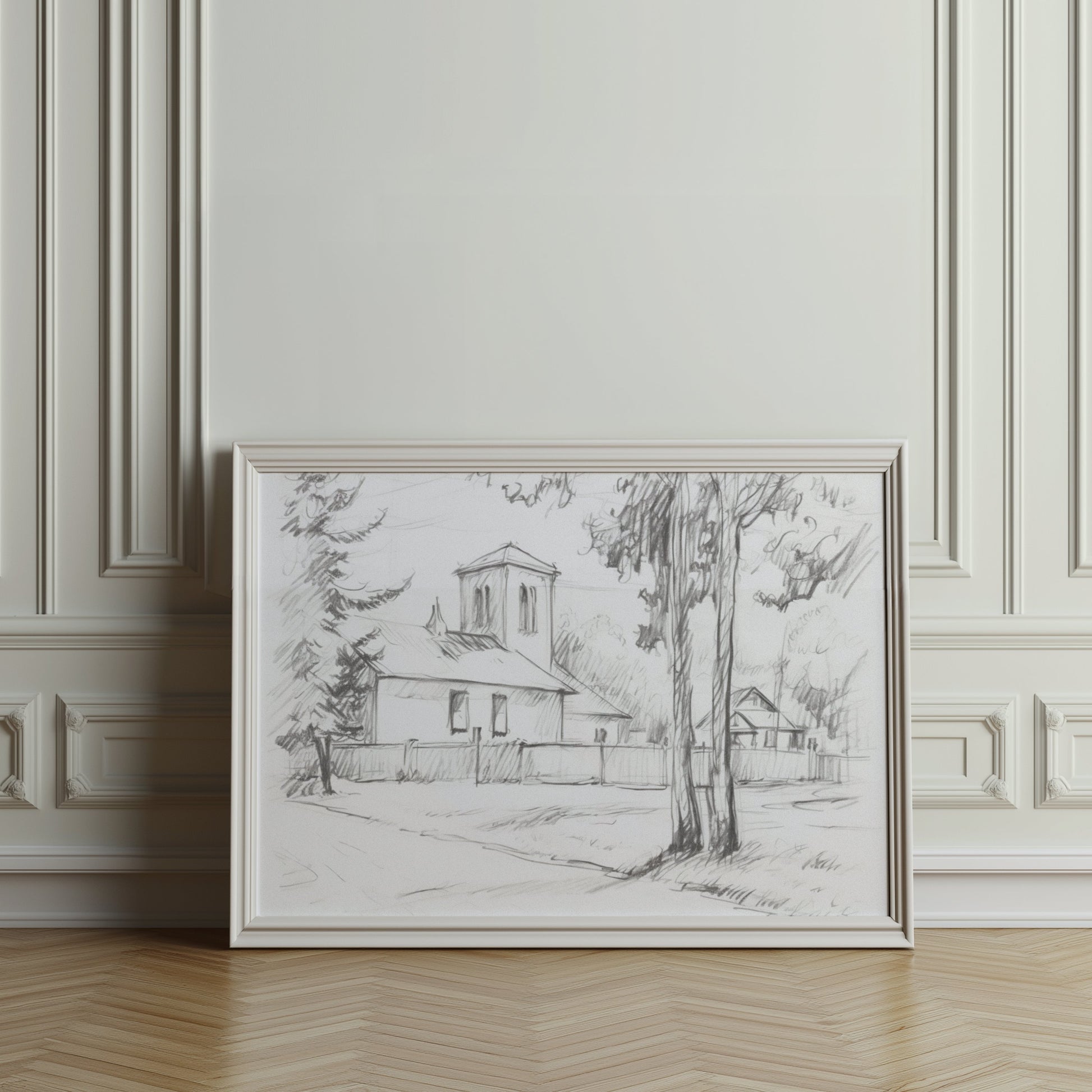 Premium Poster of Sketch of a Quiet Rural Church and Trees Posters