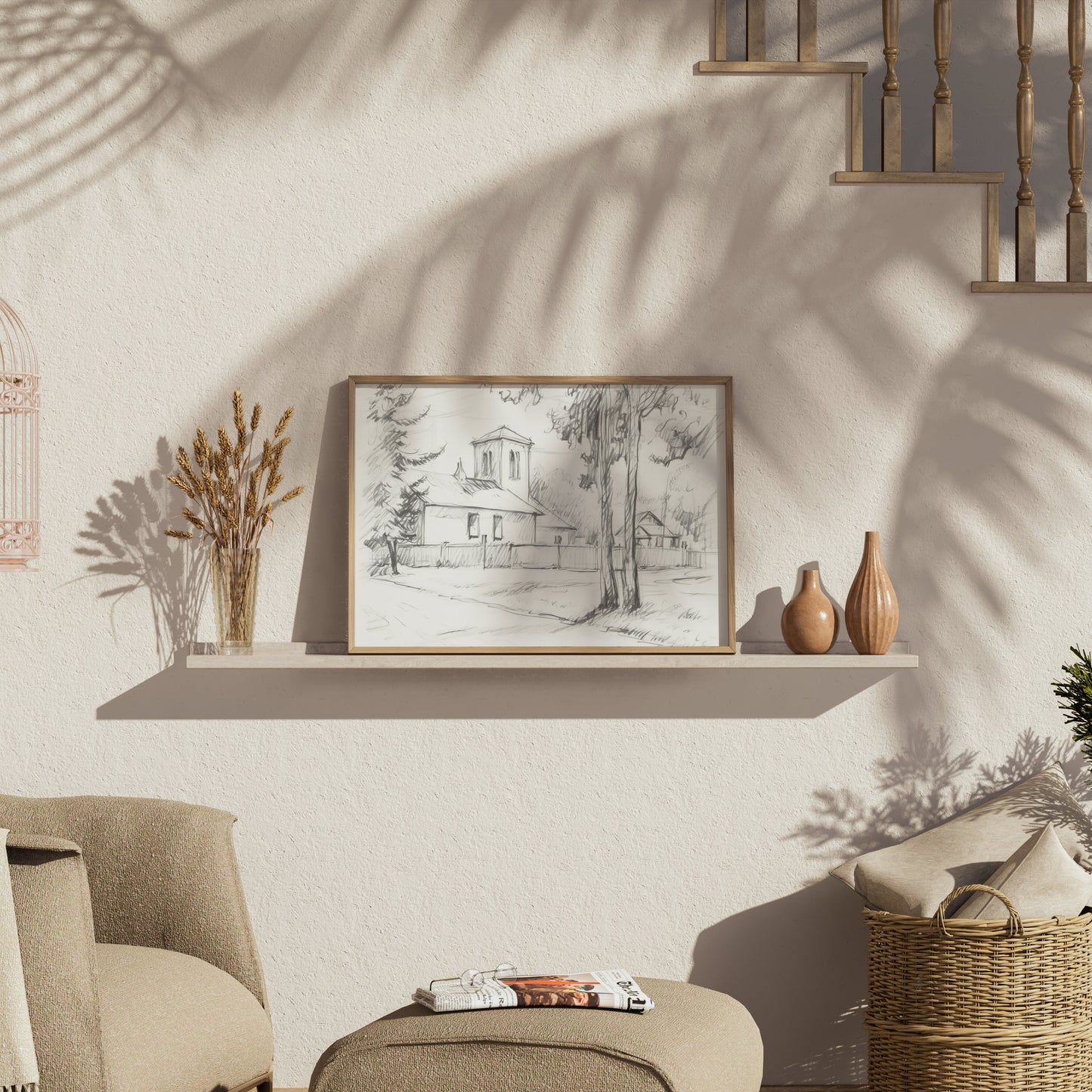 Premium Poster of Sketch of a Quiet Rural Church and Trees Posters