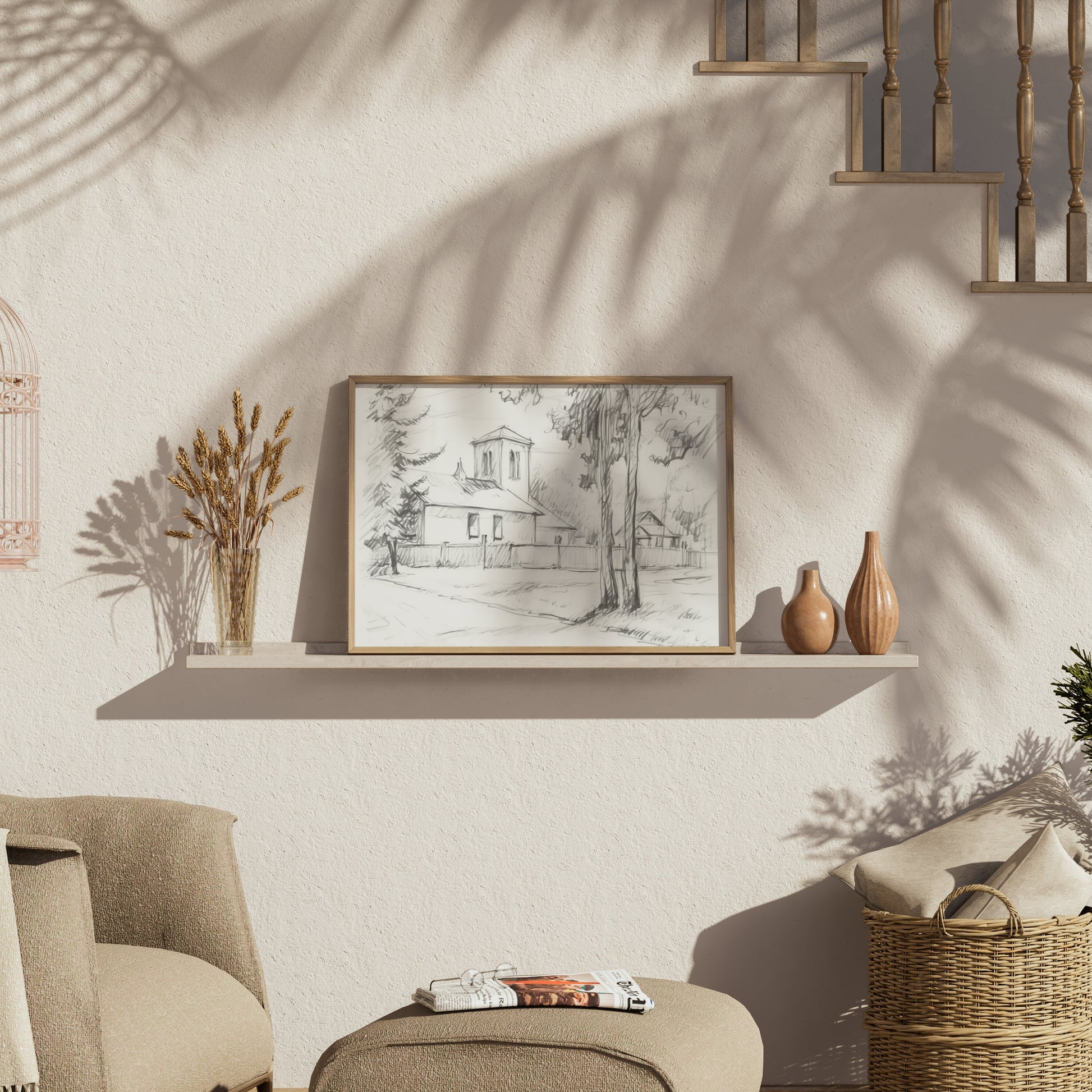 Premium Poster of Sketch of a Quiet Rural Church and Trees Posters