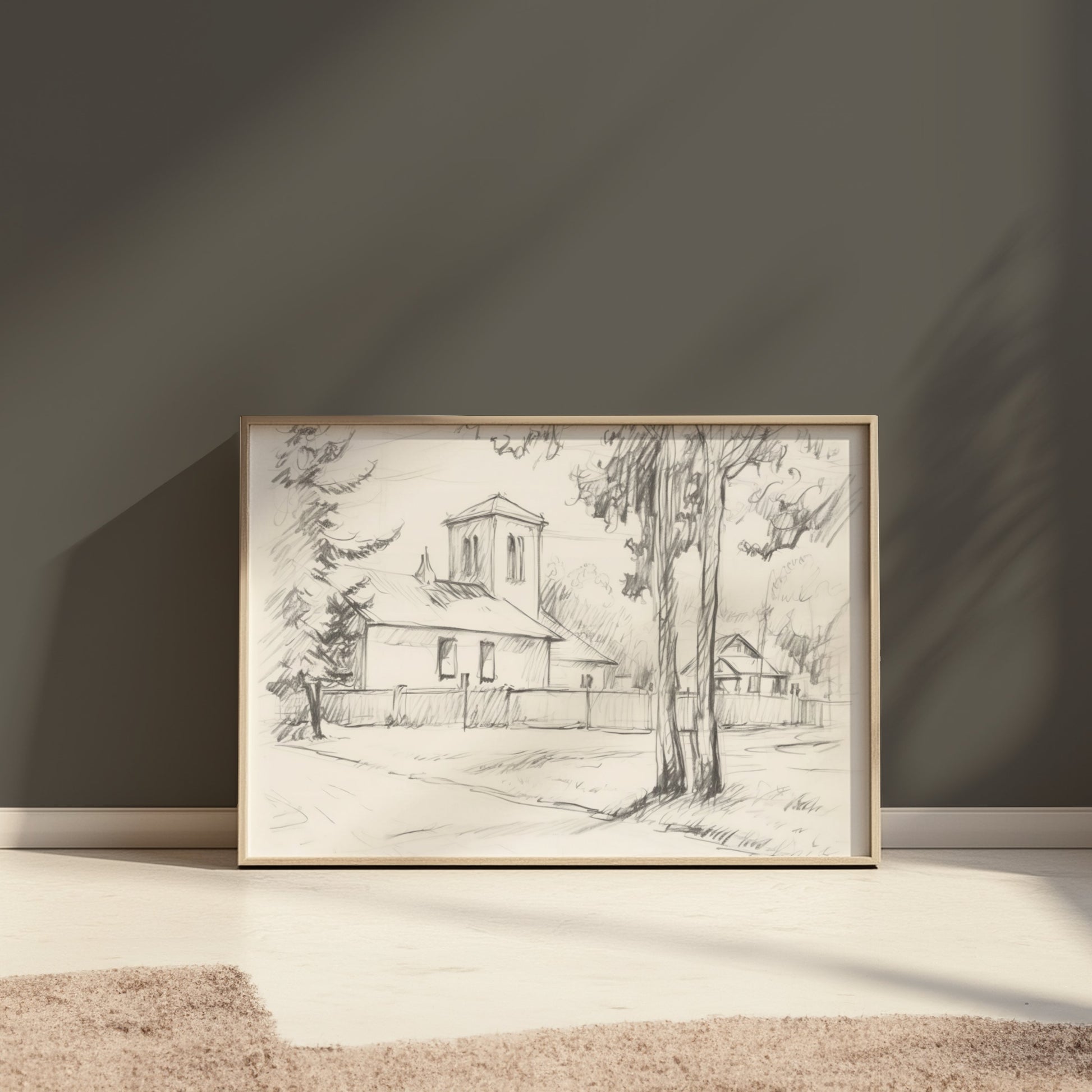 Premium Poster of Sketch of a Quiet Rural Church and Trees Posters