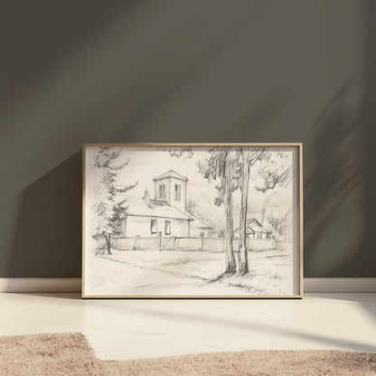 Premium Poster of Sketch of a Quiet Rural Church and Trees Posters
