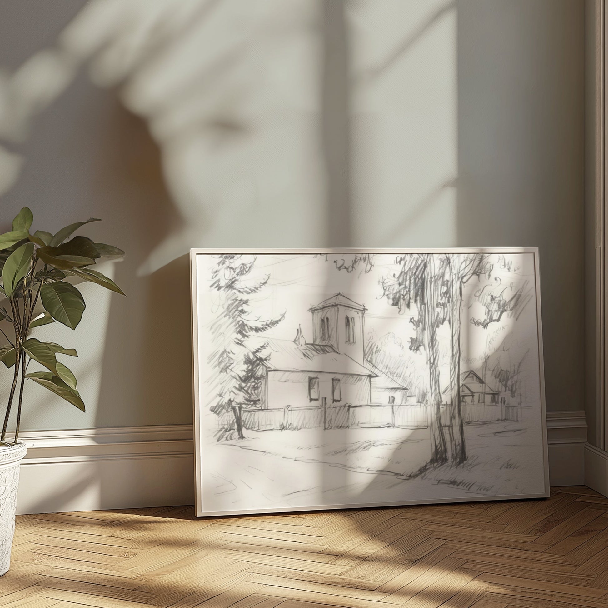Premium Poster of Sketch of a Quiet Rural Church and Trees Posters