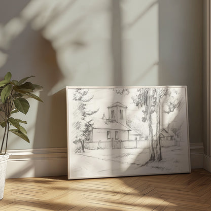 Premium Poster of Sketch of a Quiet Rural Church and Trees Posters