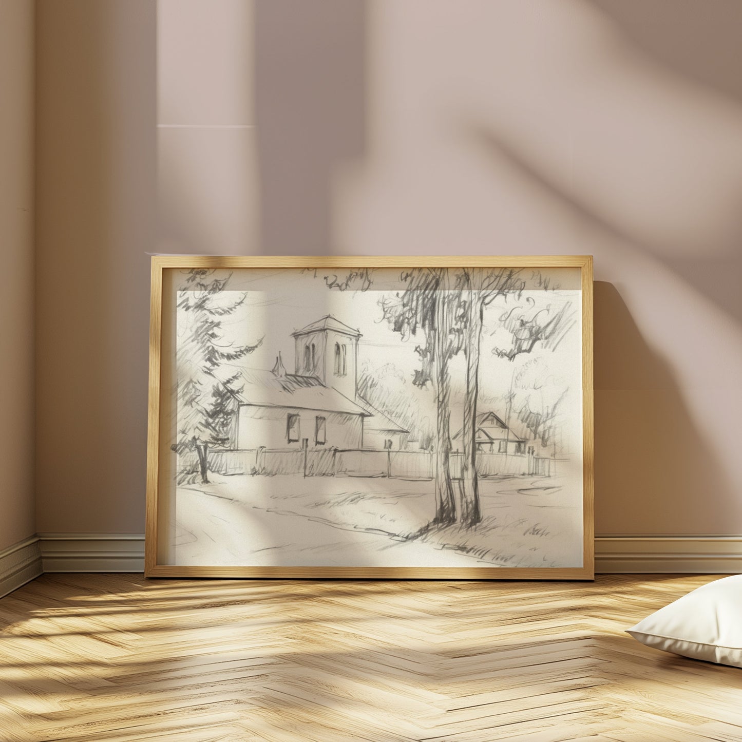 Premium Poster of Sketch of a Quiet Rural Church and Trees Posters