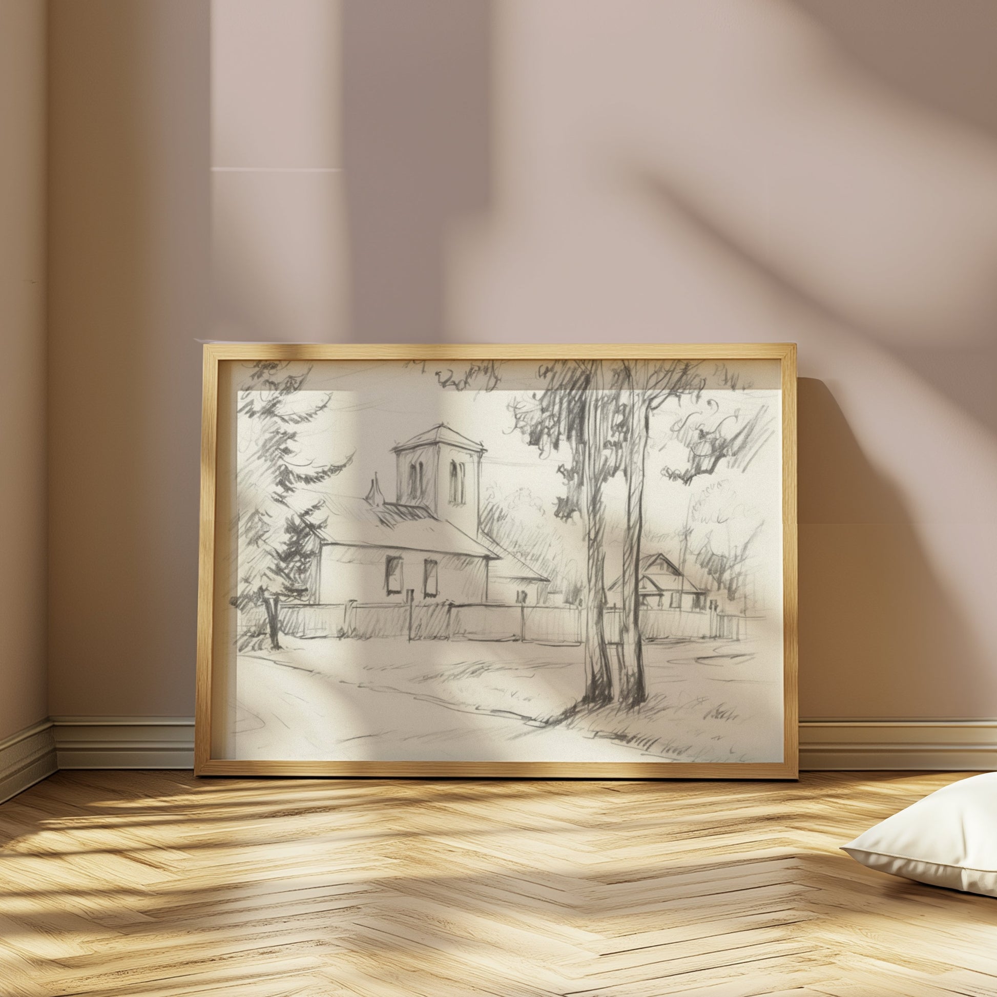 Premium Poster of Sketch of a Quiet Rural Church and Trees Posters