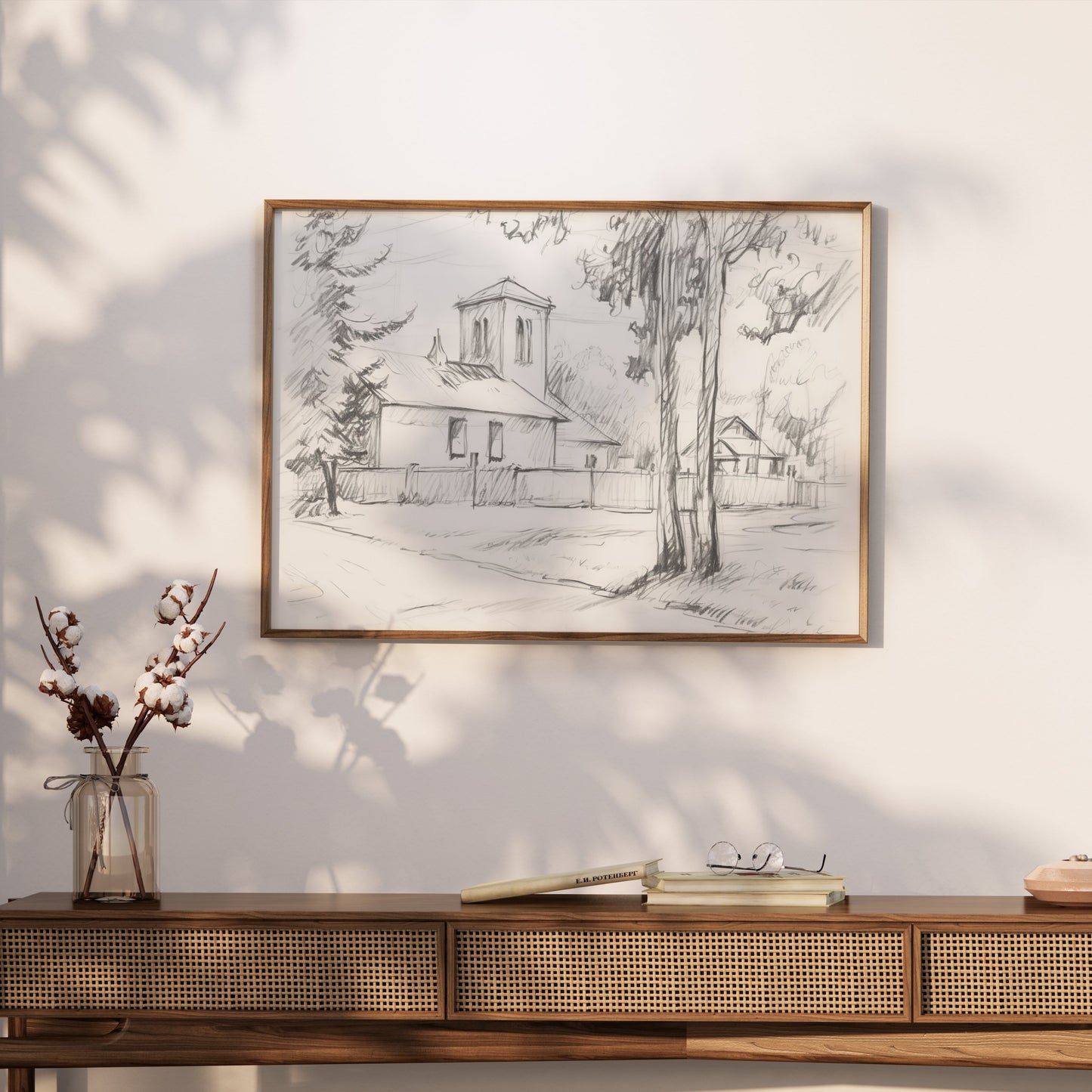 Premium Poster of Sketch of a Quiet Rural Church and Trees Posters