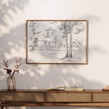 Premium Poster of Sketch of a Quiet Rural Church and Trees Posters