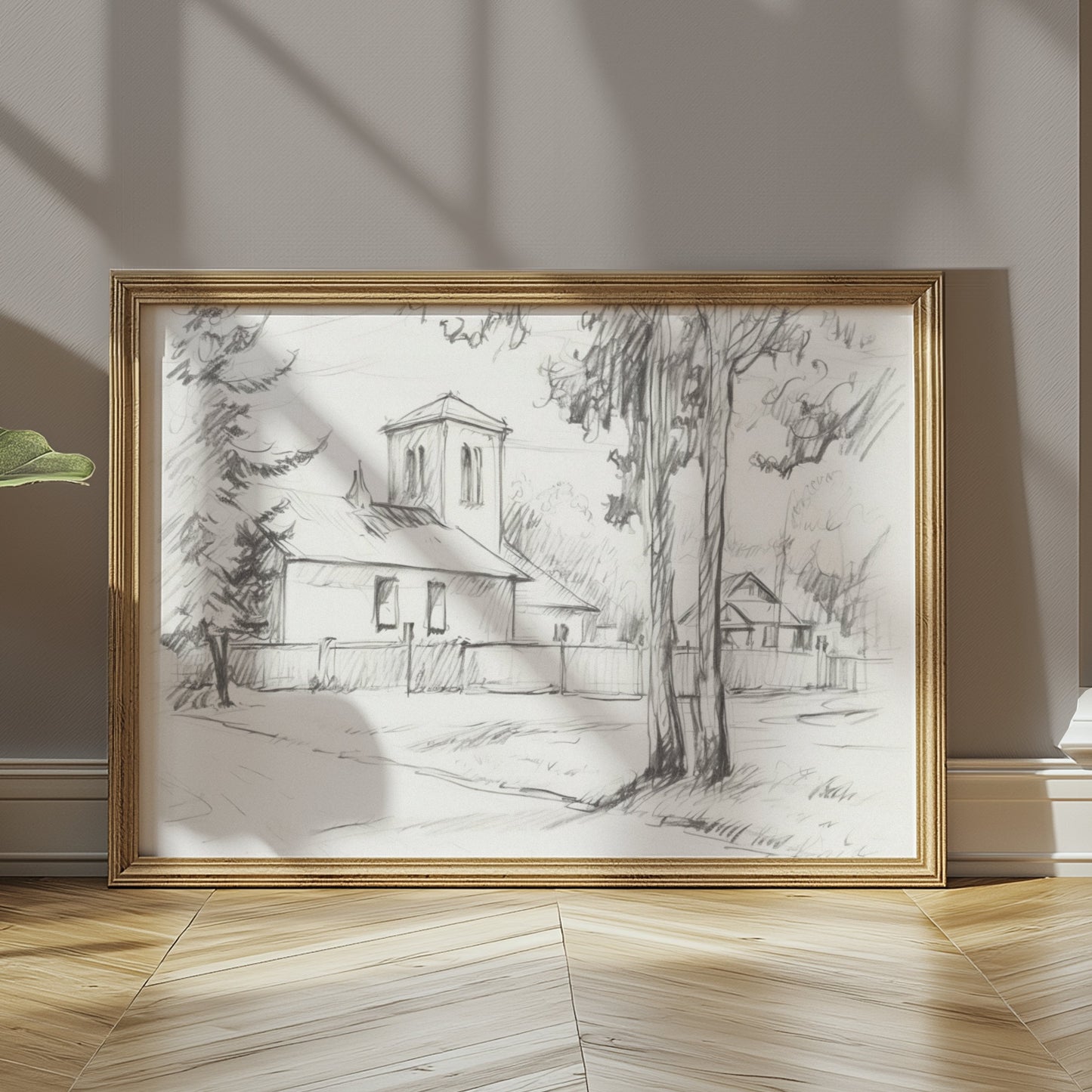 Premium Poster of Sketch of a Quiet Rural Church and Trees Posters