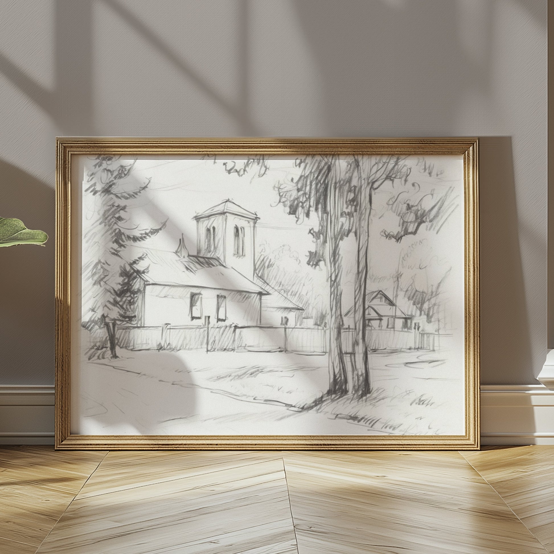 Premium Poster of Sketch of a Quiet Rural Church and Trees Posters