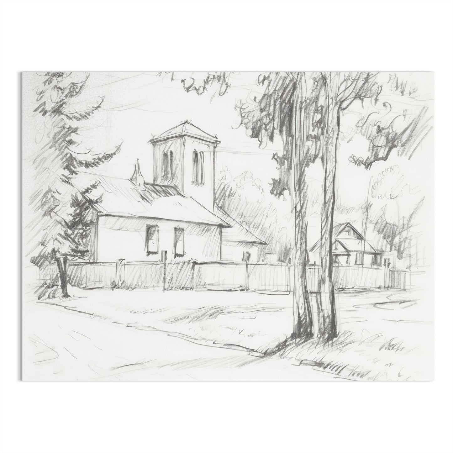 Premium Poster of Sketch of a Quiet Rural Church and Trees Posters