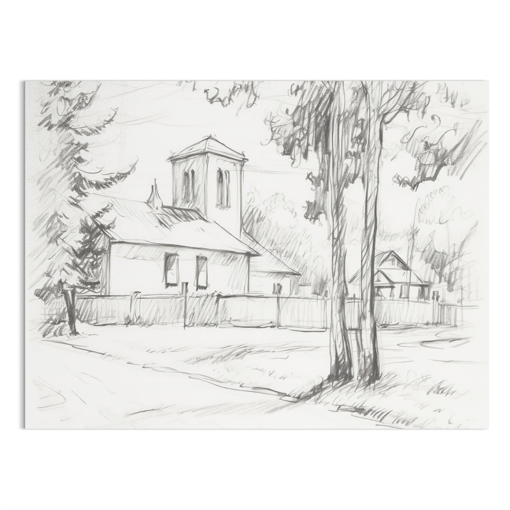 Premium Poster of Sketch of a Quiet Rural Church and Trees Posters