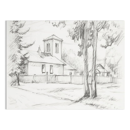 Premium Poster of Sketch of a Quiet Rural Church and Trees Posters