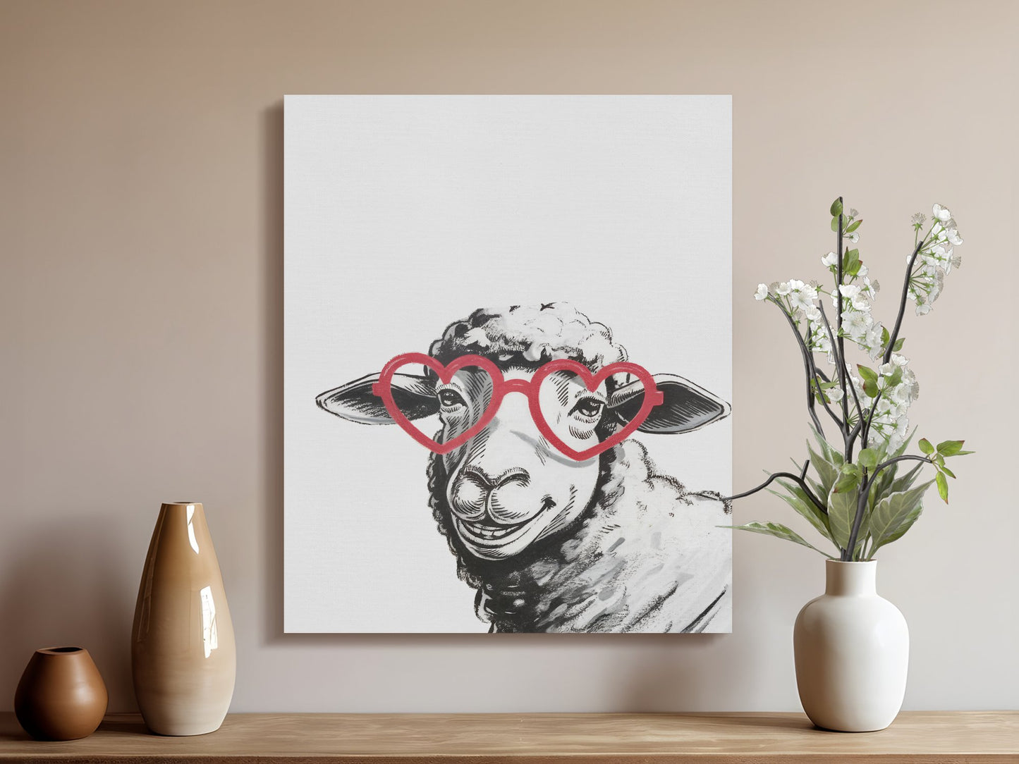 Premium Poster of Sketched Sheep in Heart Glasses Wall Art Canvas Wraps