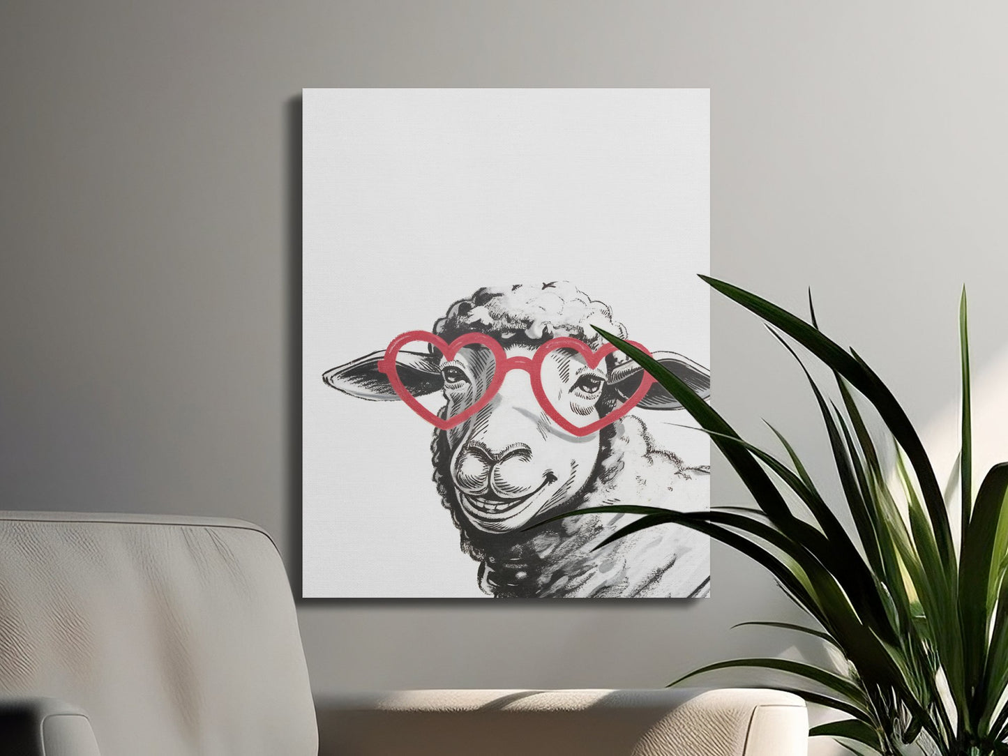 Premium Poster of Sketched Sheep in Heart Glasses Wall Art Canvas Wraps