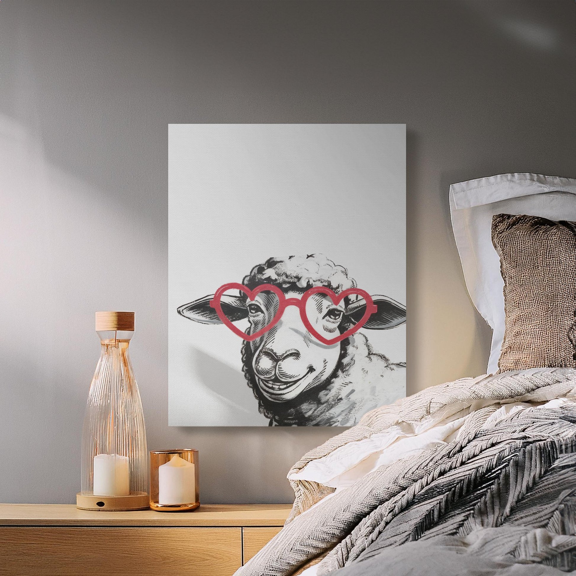 Premium Poster of Sketched Sheep in Heart Glasses Wall Art Canvas Wraps