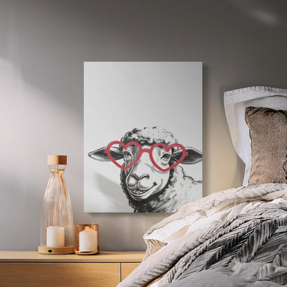 Premium Poster of Sketched Sheep in Heart Glasses Wall Art Canvas Wraps