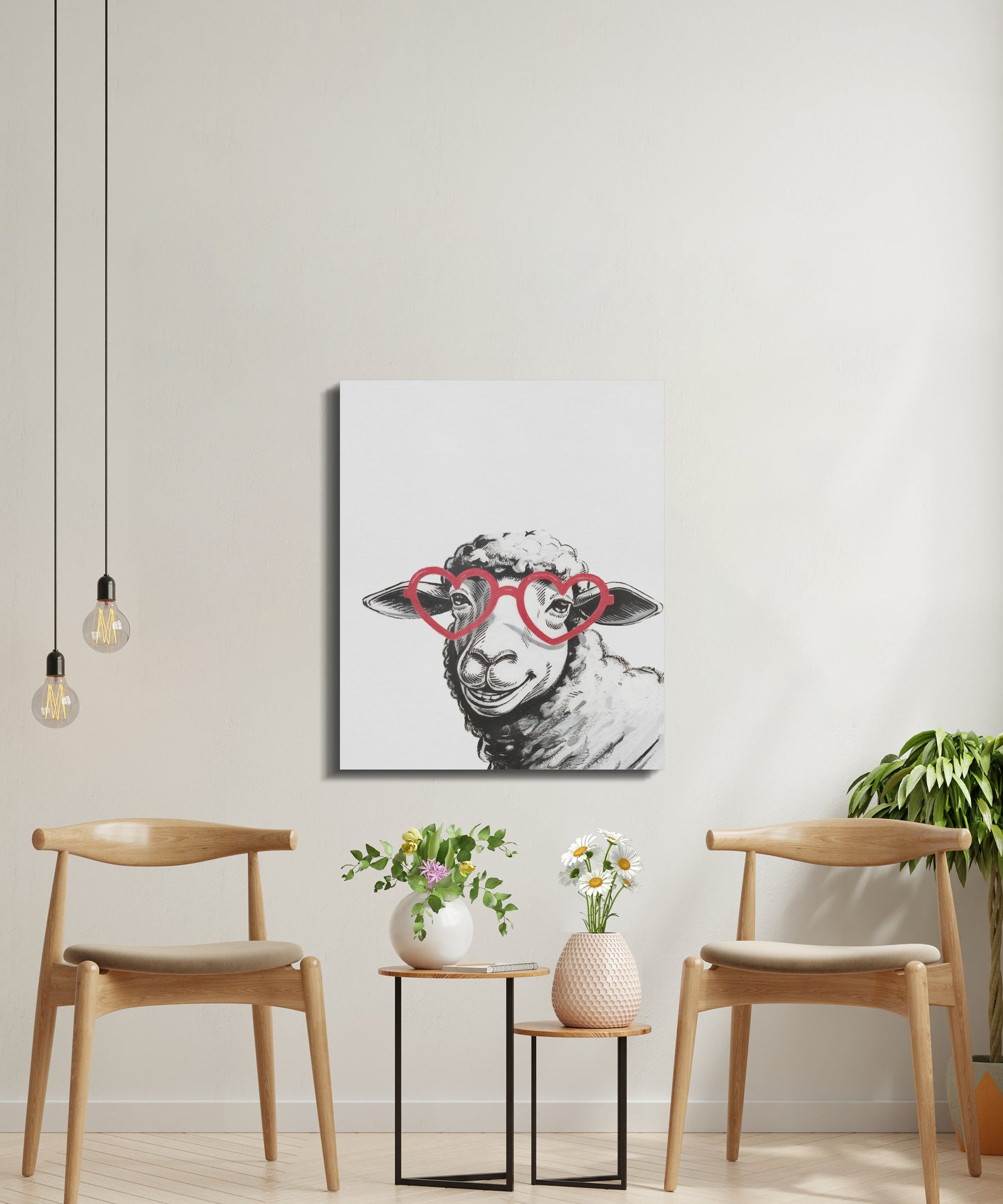 Premium Poster of Sketched Sheep in Heart Glasses Wall Art Canvas Wraps