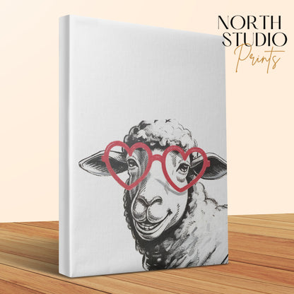 Premium Poster of Sketched Sheep in Heart Glasses Wall Art Canvas Wraps