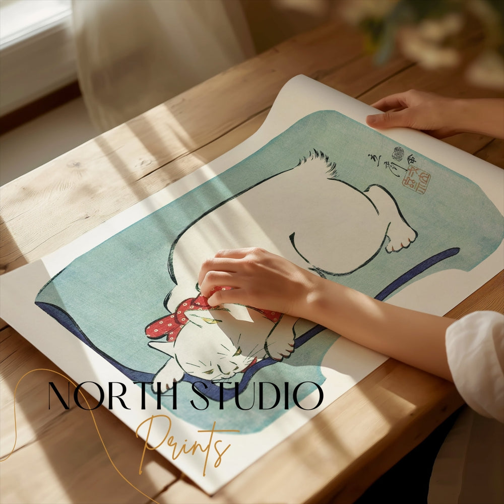 Premium Poster of Sleeping Cat Art with Blue Background Wall Posters