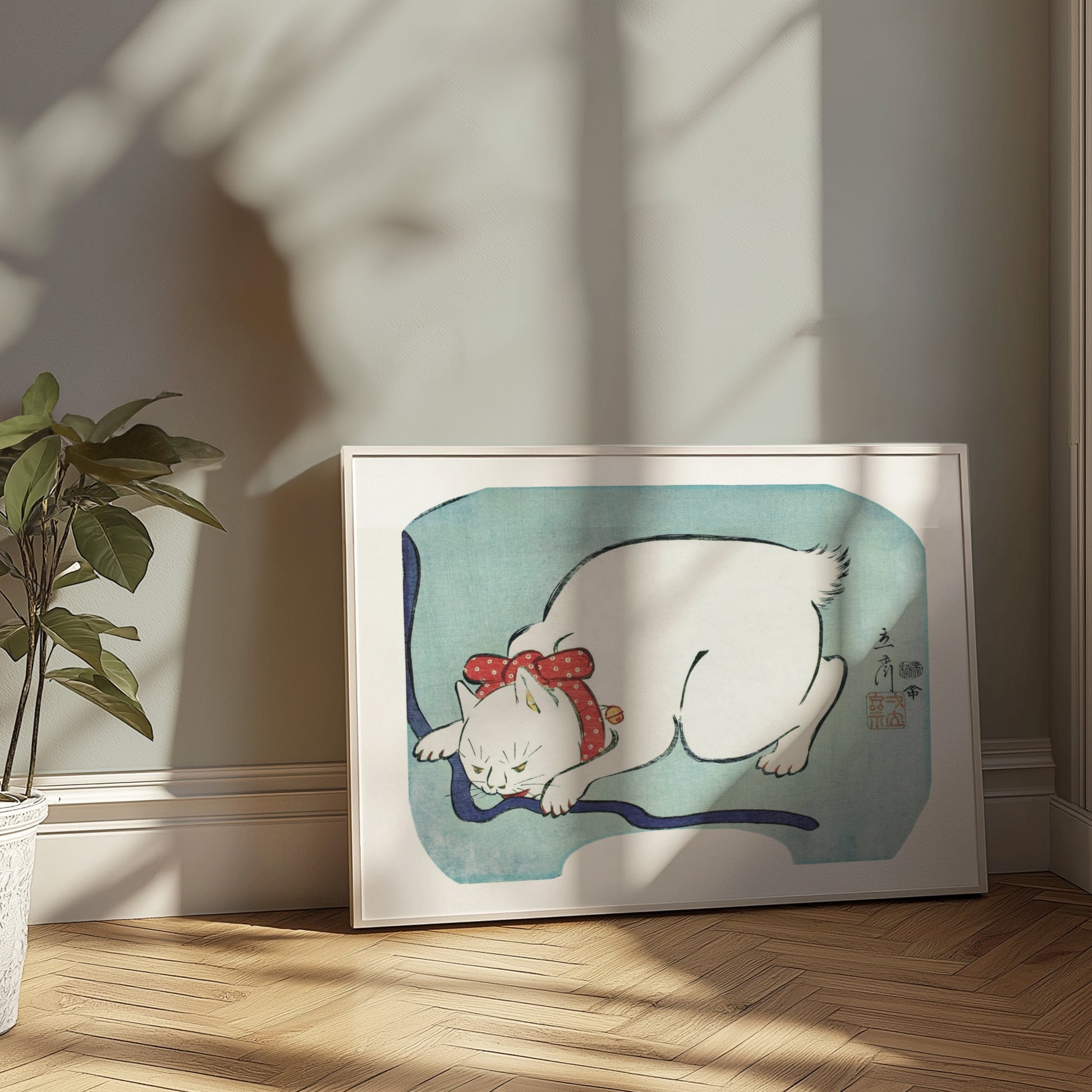 Premium Poster of Sleeping Cat Art with Blue Background Wall Posters