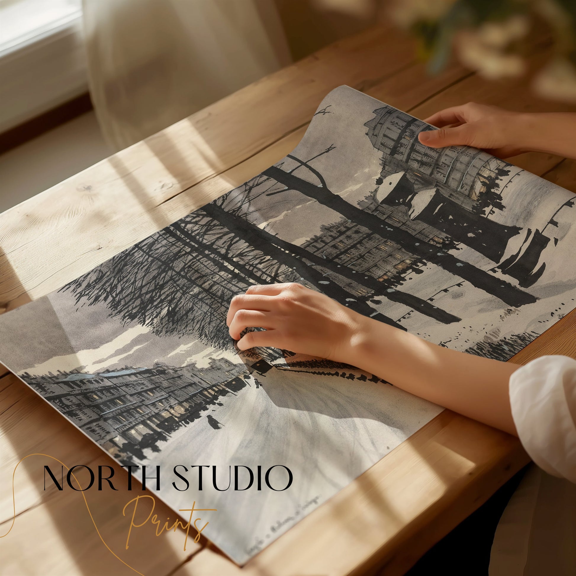 Premium Poster of Snowy City Street with Bare Trees Scene Posters
