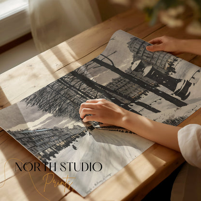 Premium Poster of Snowy City Street with Bare Trees Scene Posters