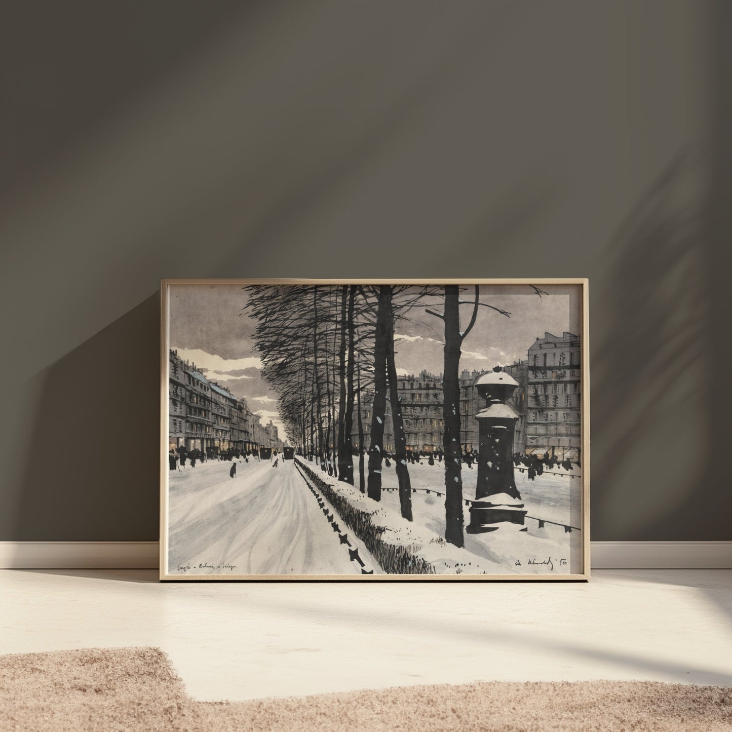 Premium Poster of Snowy City Street with Bare Trees Scene Posters
