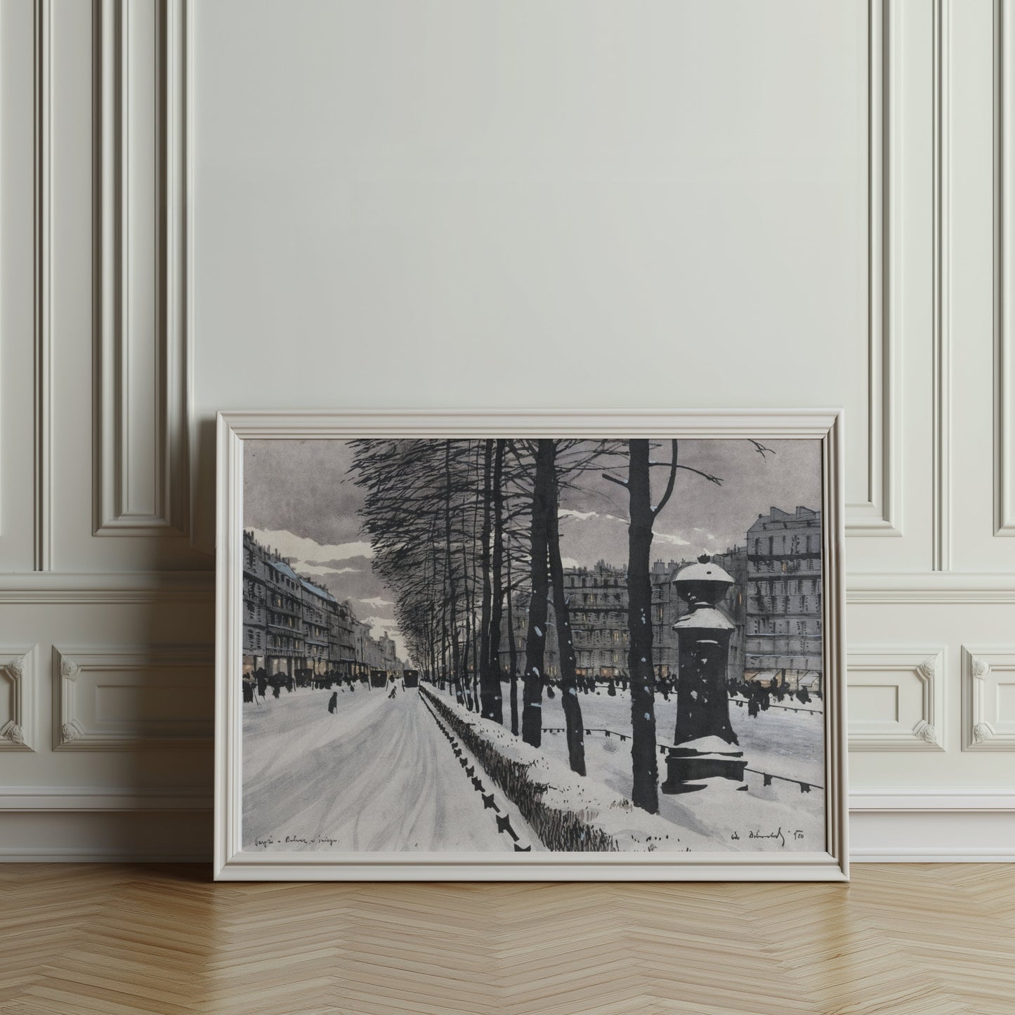 Premium Poster of Snowy City Street with Bare Trees Scene Posters