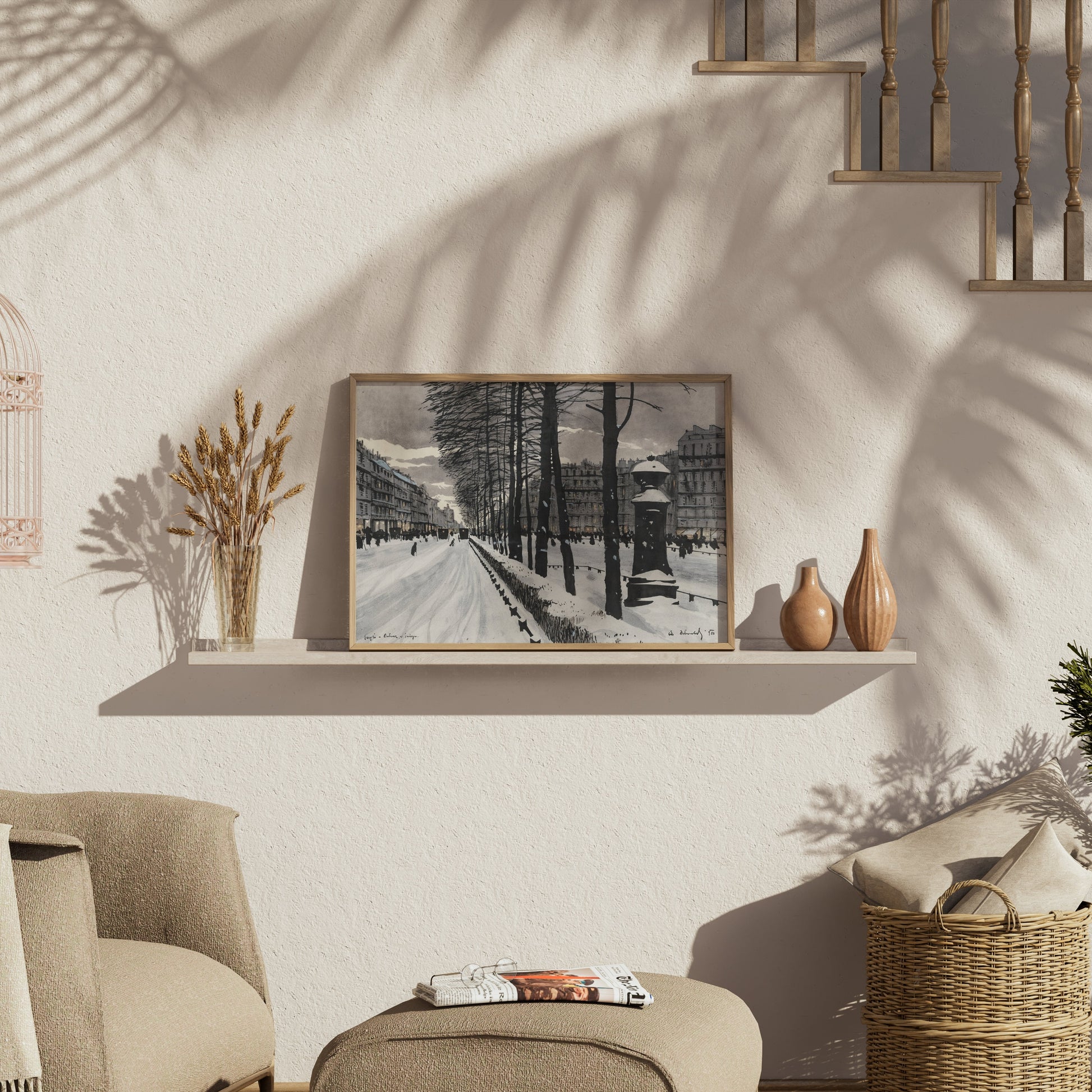 Premium Poster of Snowy City Street with Bare Trees Scene Posters
