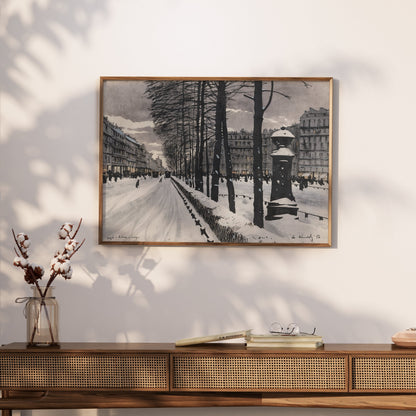 Premium Poster of Snowy City Street with Bare Trees Scene Posters