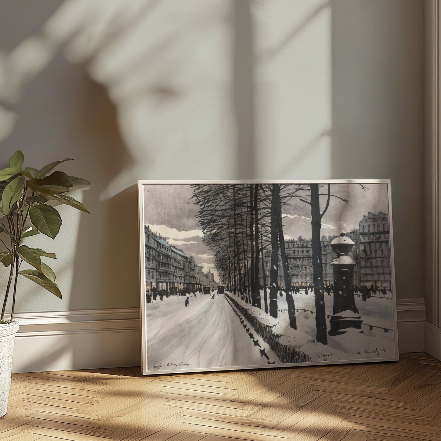 Premium Poster of Snowy City Street with Bare Trees Scene Posters