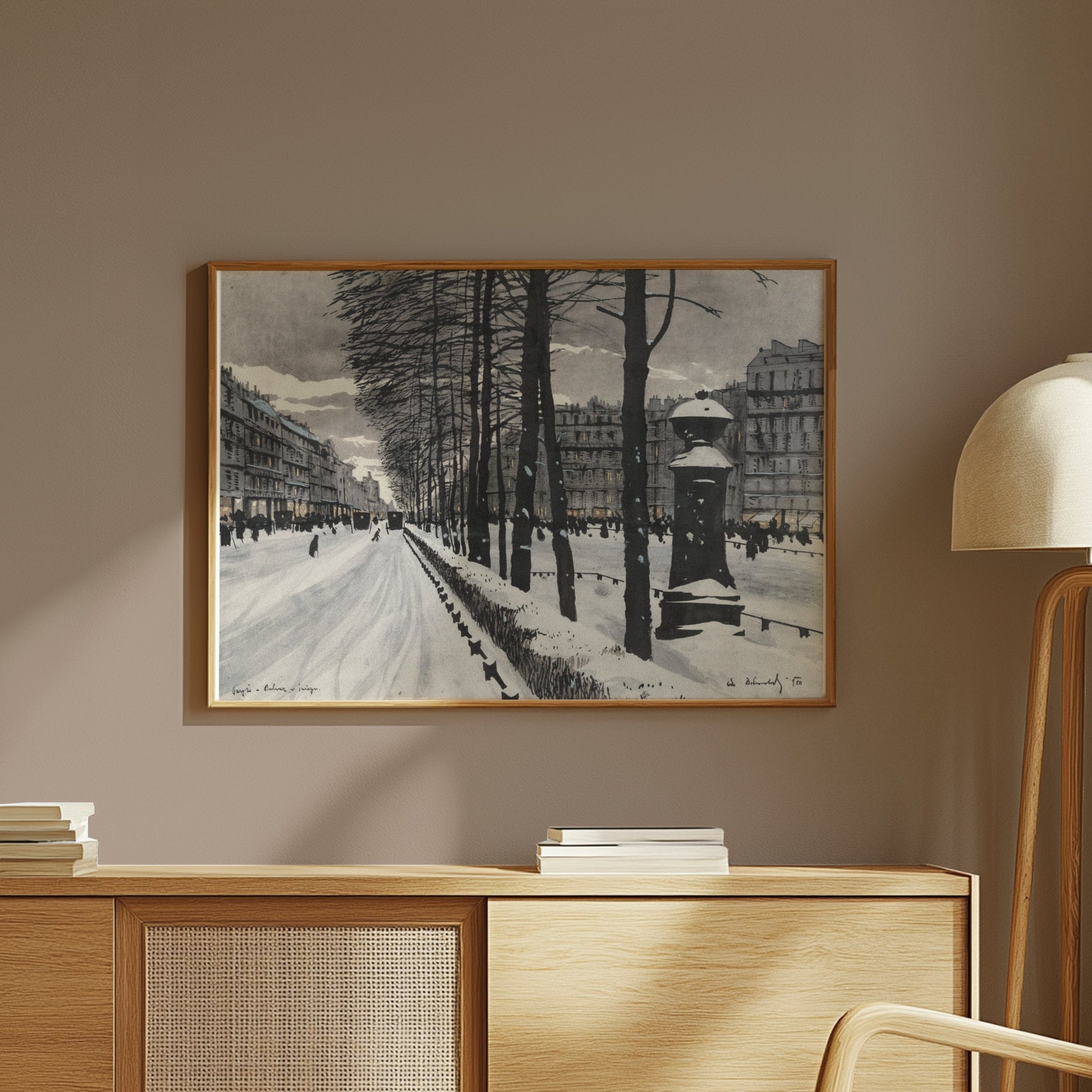 Premium Poster of Snowy City Street with Bare Trees Scene Posters