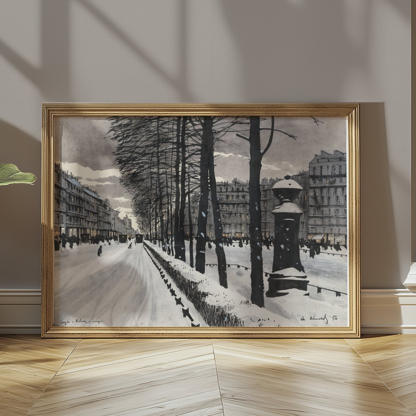 Premium Poster of Snowy City Street with Bare Trees Scene Posters