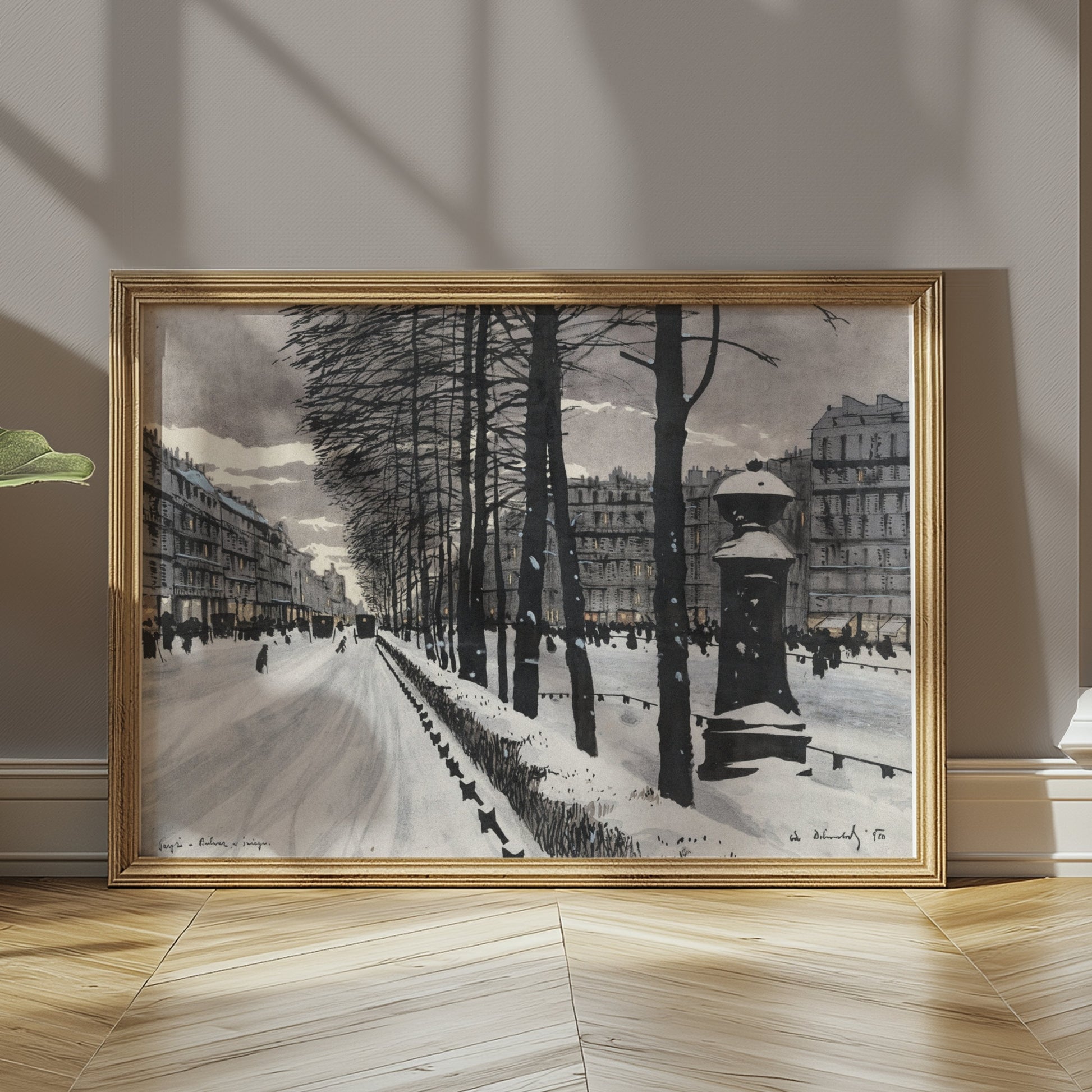 Premium Poster of Snowy City Street with Bare Trees Scene Posters