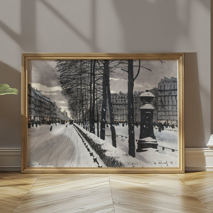 Premium Poster of Snowy City Street with Bare Trees Scene Posters