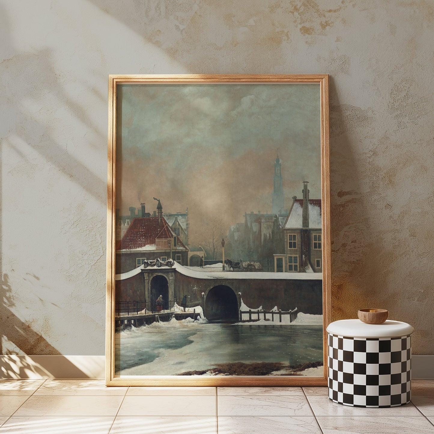 Premium Poster of Snowy Village Scene With Bridge and Clock Tower Posters