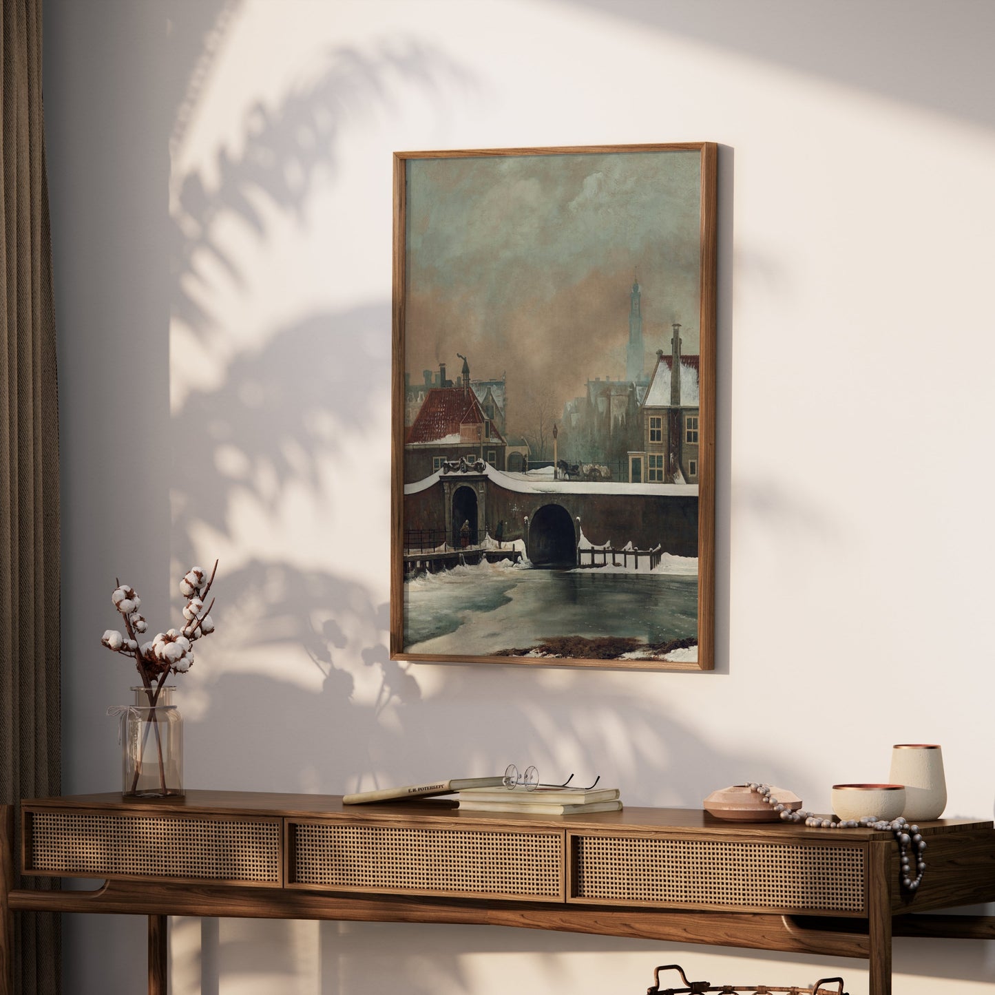 Premium Poster of Snowy Village Scene With Bridge and Clock Tower Posters