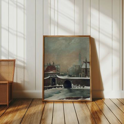 Premium Poster of Snowy Village Scene With Bridge and Clock Tower Posters