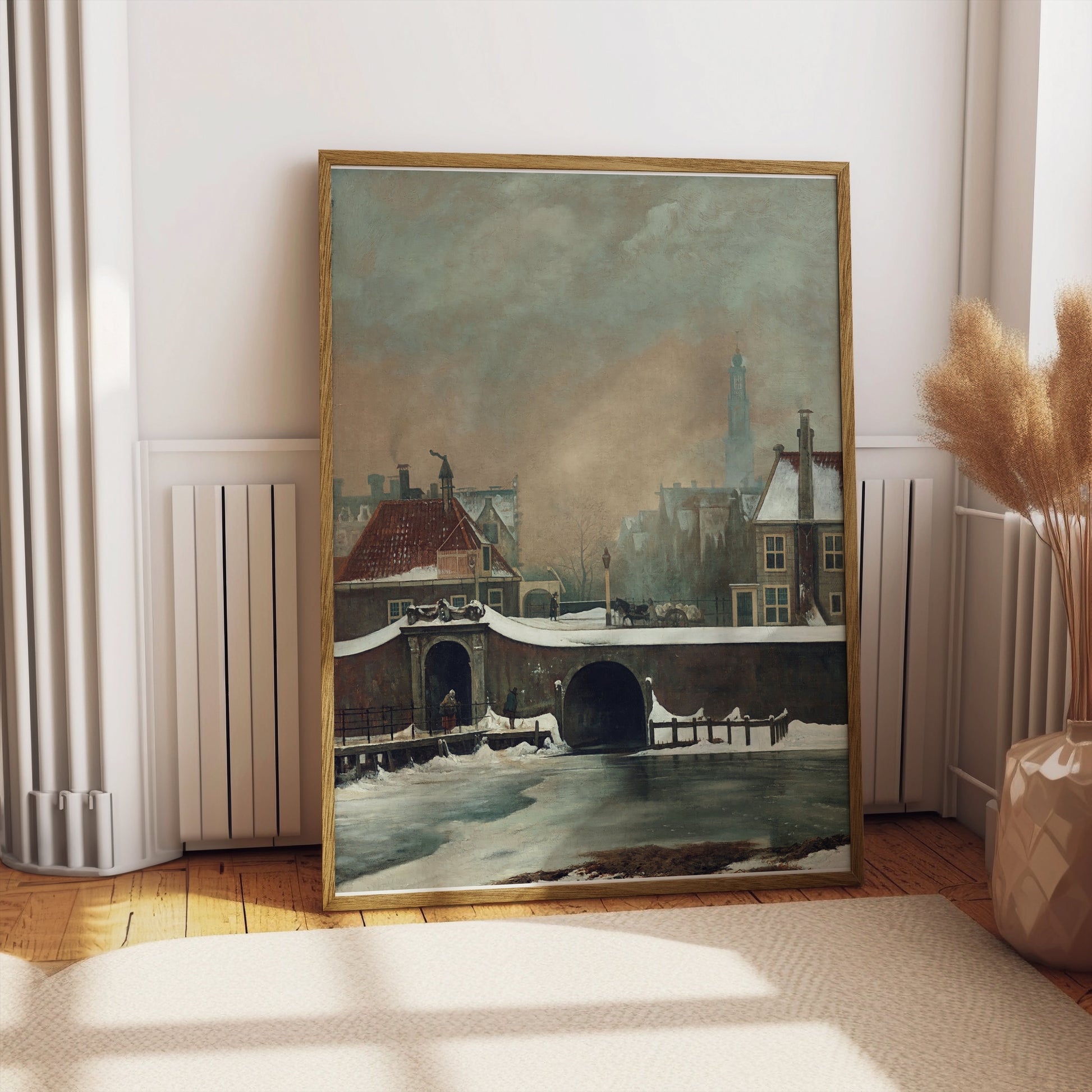 Premium Poster of Snowy Village Scene With Bridge and Clock Tower Posters