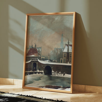 Premium Poster of Snowy Village Scene With Bridge and Clock Tower Posters