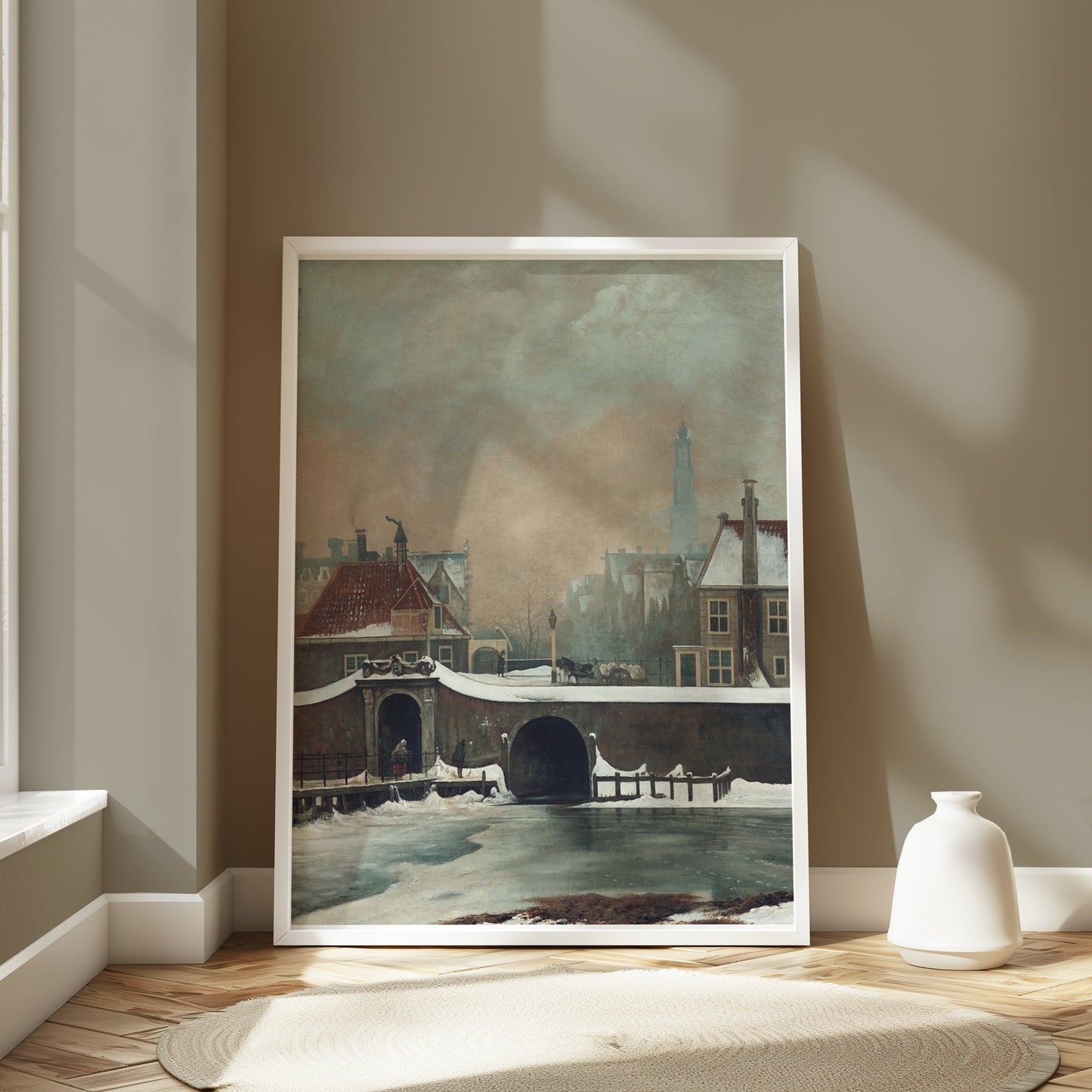 Premium Poster of Snowy Village Scene With Bridge and Clock Tower Posters