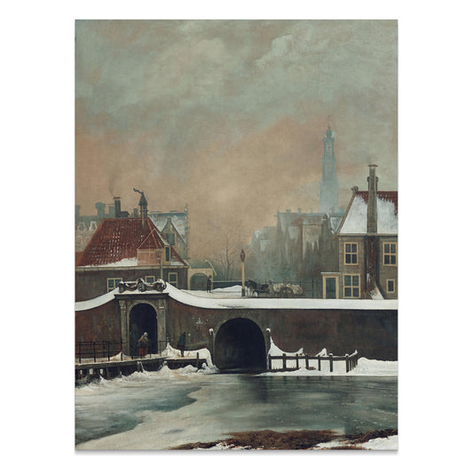 Premium Poster of Snowy Village Scene With Bridge and Clock Tower Posters