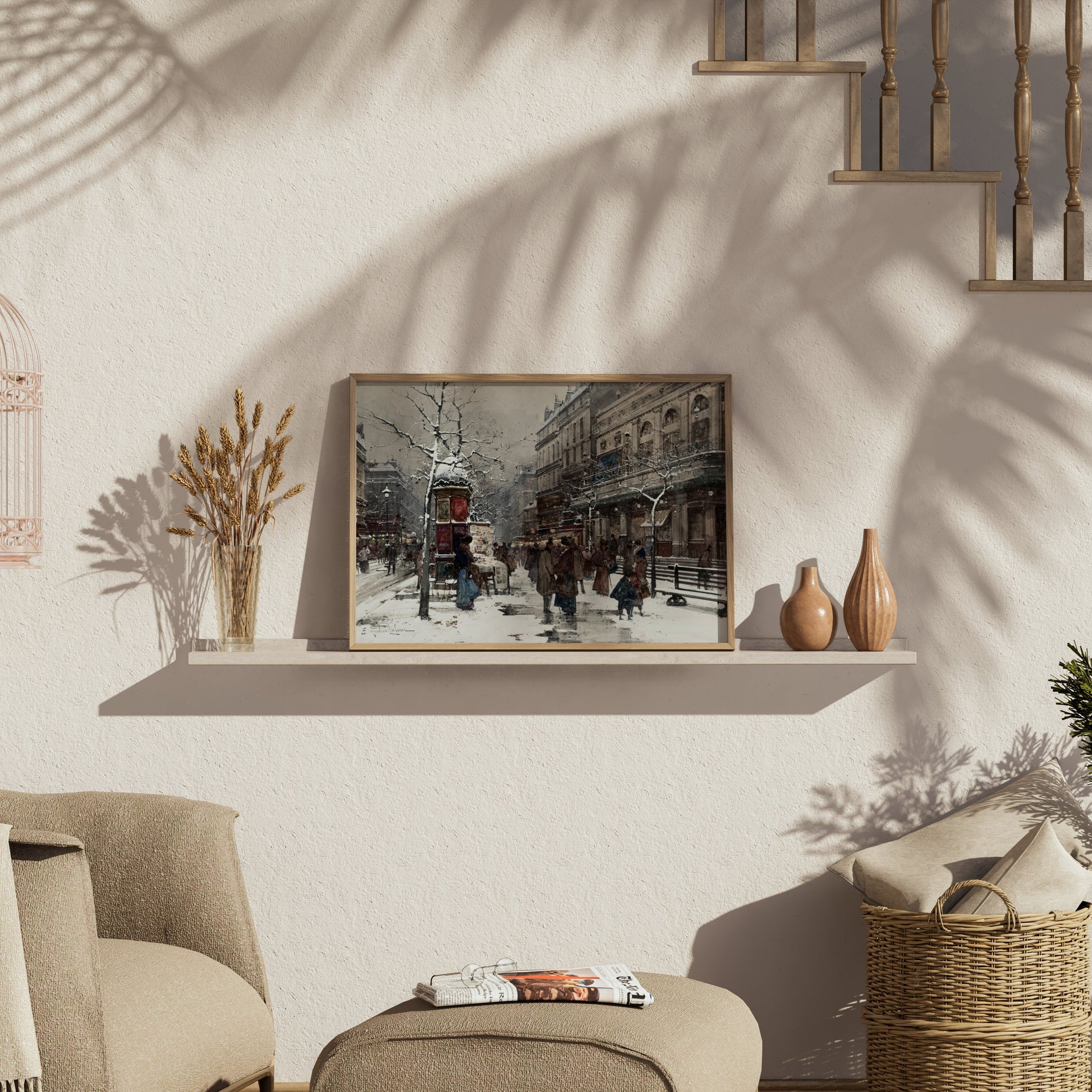 Premium Poster of Snowy Winter Street Scene with People Posters