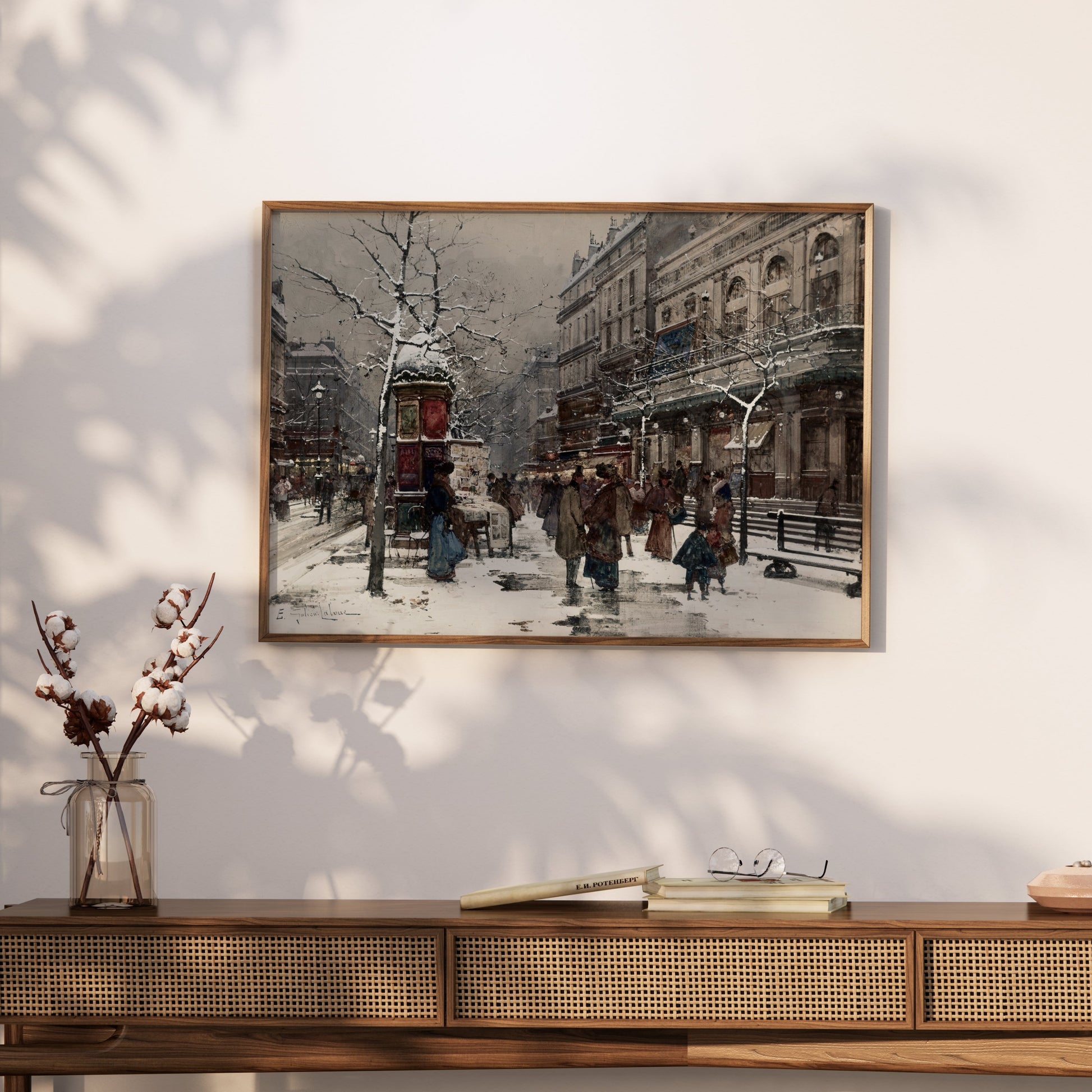 Premium Poster of Snowy Winter Street Scene with People Posters