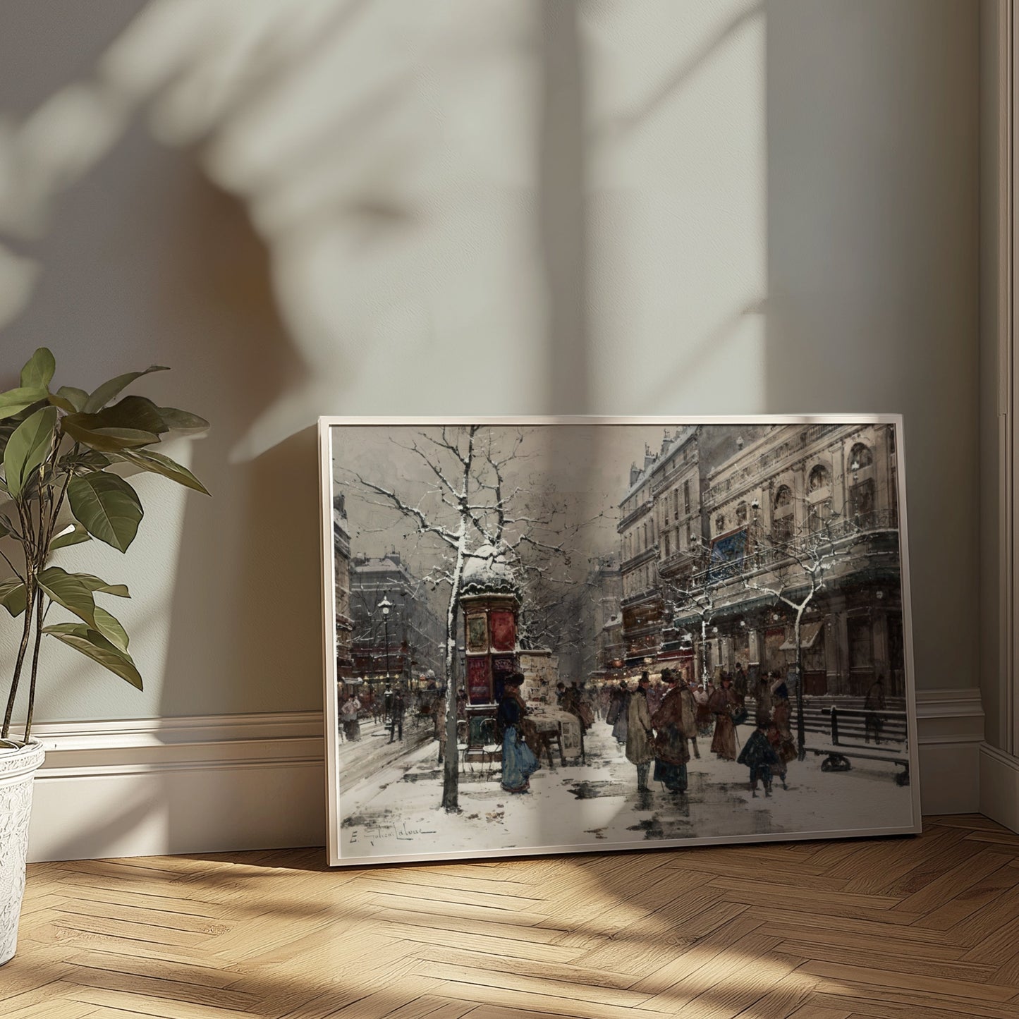 Premium Poster of Snowy Winter Street Scene with People Posters