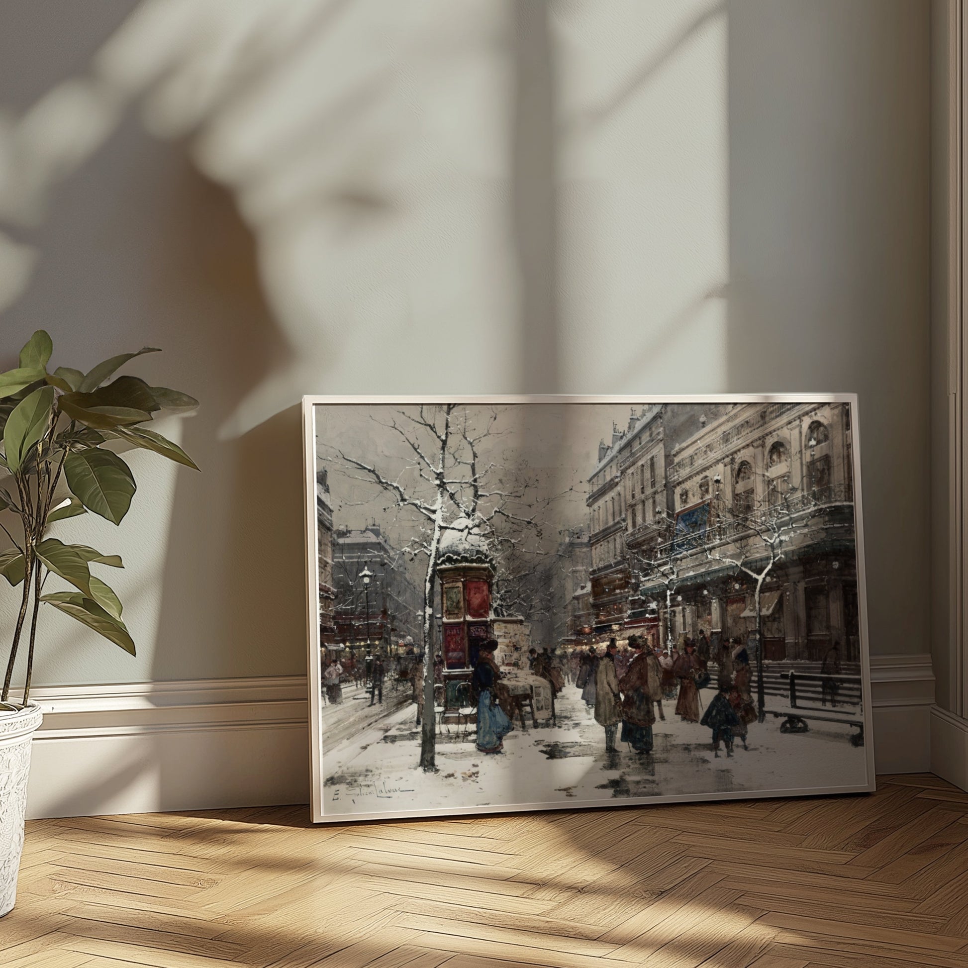 Premium Poster of Snowy Winter Street Scene with People Posters