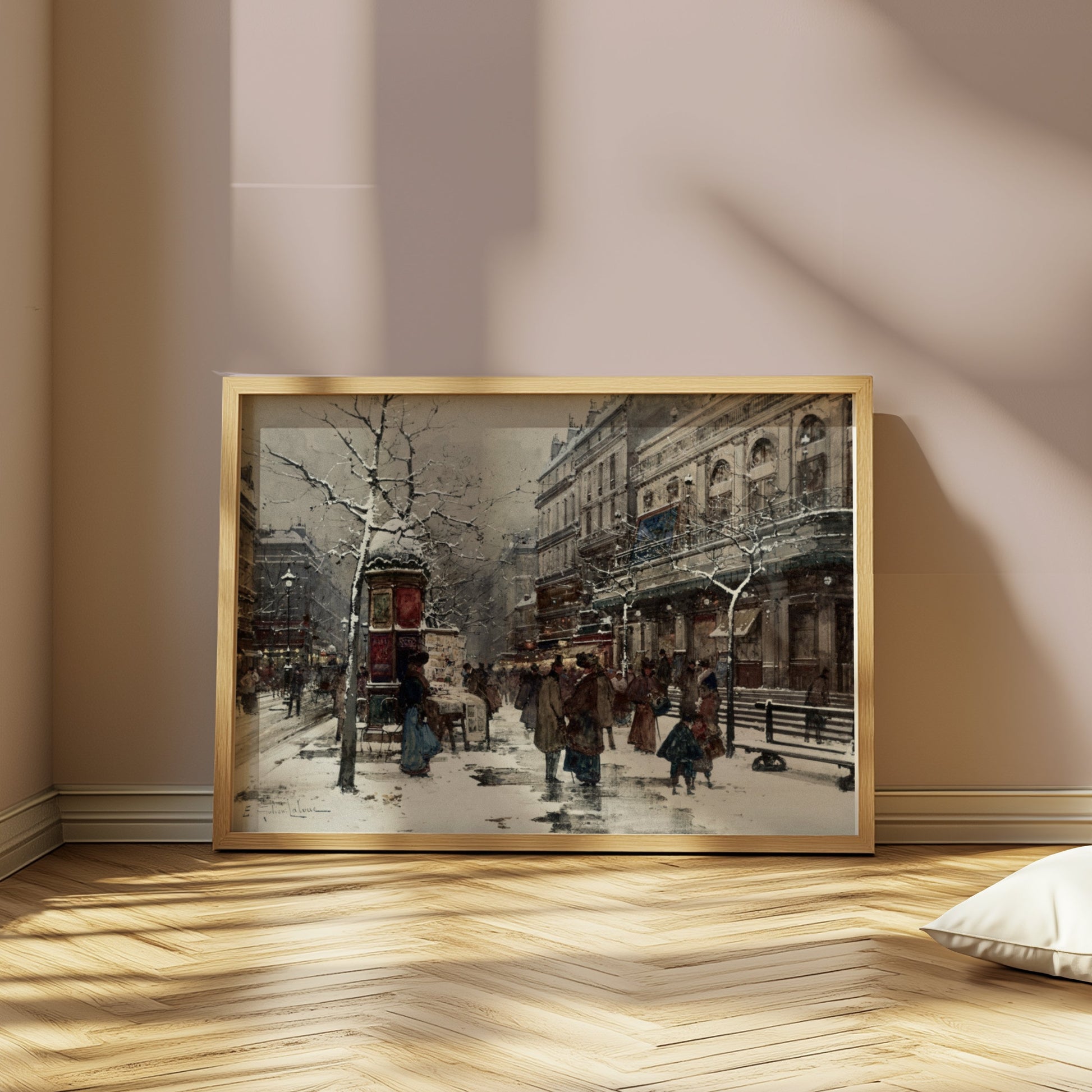 Premium Poster of Snowy Winter Street Scene with People Posters